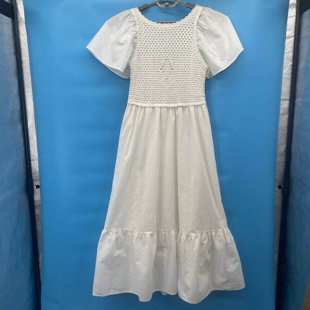 Versona White‎ Cotton Maxi Dress Crochet Top Smocked Summer Beachy Lined Small